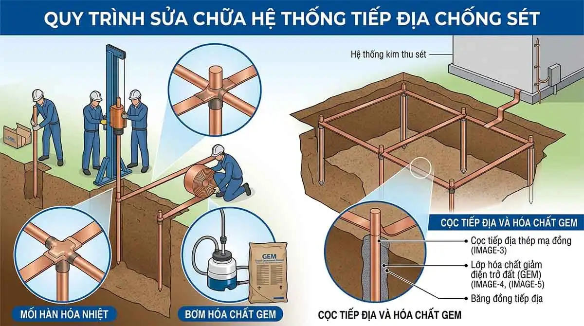 Quy trình đóng thêm cọc và đổ hóa chất GEM khi sửa chữa hệ thống chống sét để giảm điện trở đất.